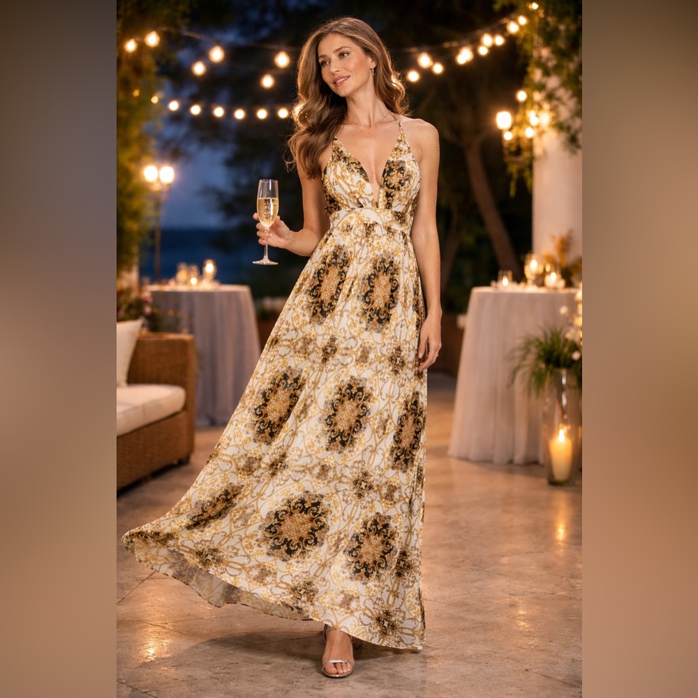 Gold Baroque Maxi Dress Halter Tie Back Resort Vacation
